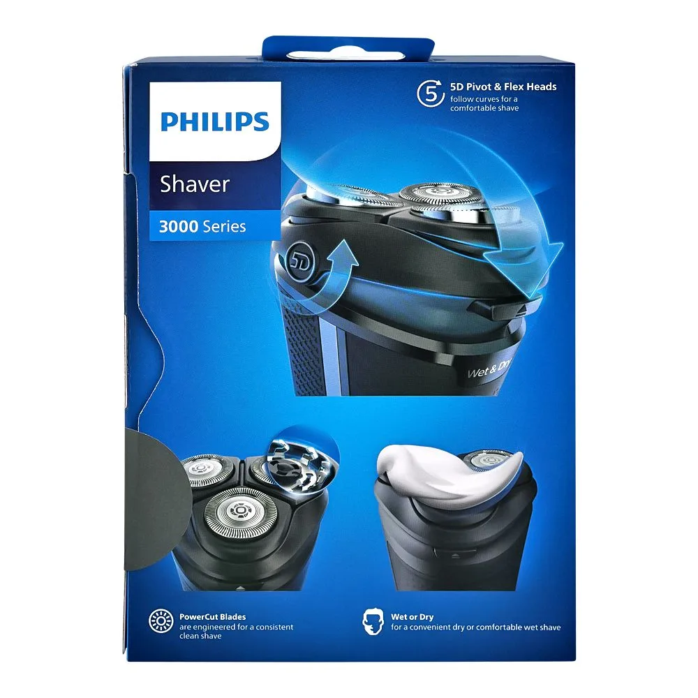 Close-up design of philips 3000 series wet & dry electric shaver, s3144/00