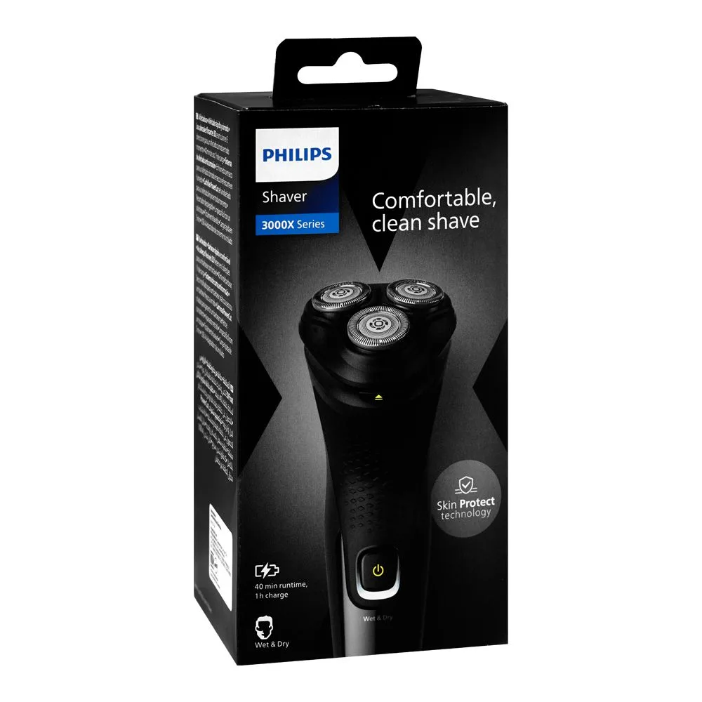 Side view of philips 3000x series wet & dry shaver, 40 min run time in 1 hour charge, x3021/00