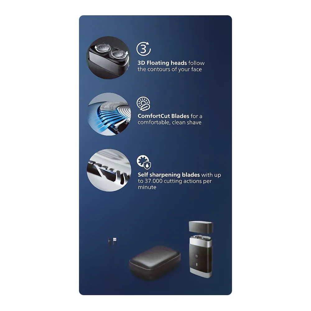 Close-up design of philips 3d floating heads compact shaver, ipx7 water resistant, 5v, pq888/06
