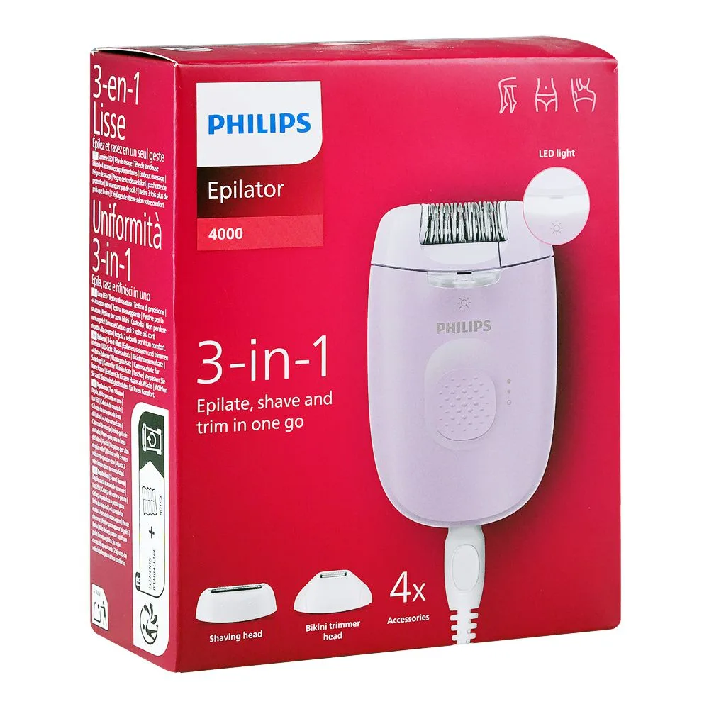 Side view of philips 4000 3-in-1 epilator, bre257/00 white/purple
