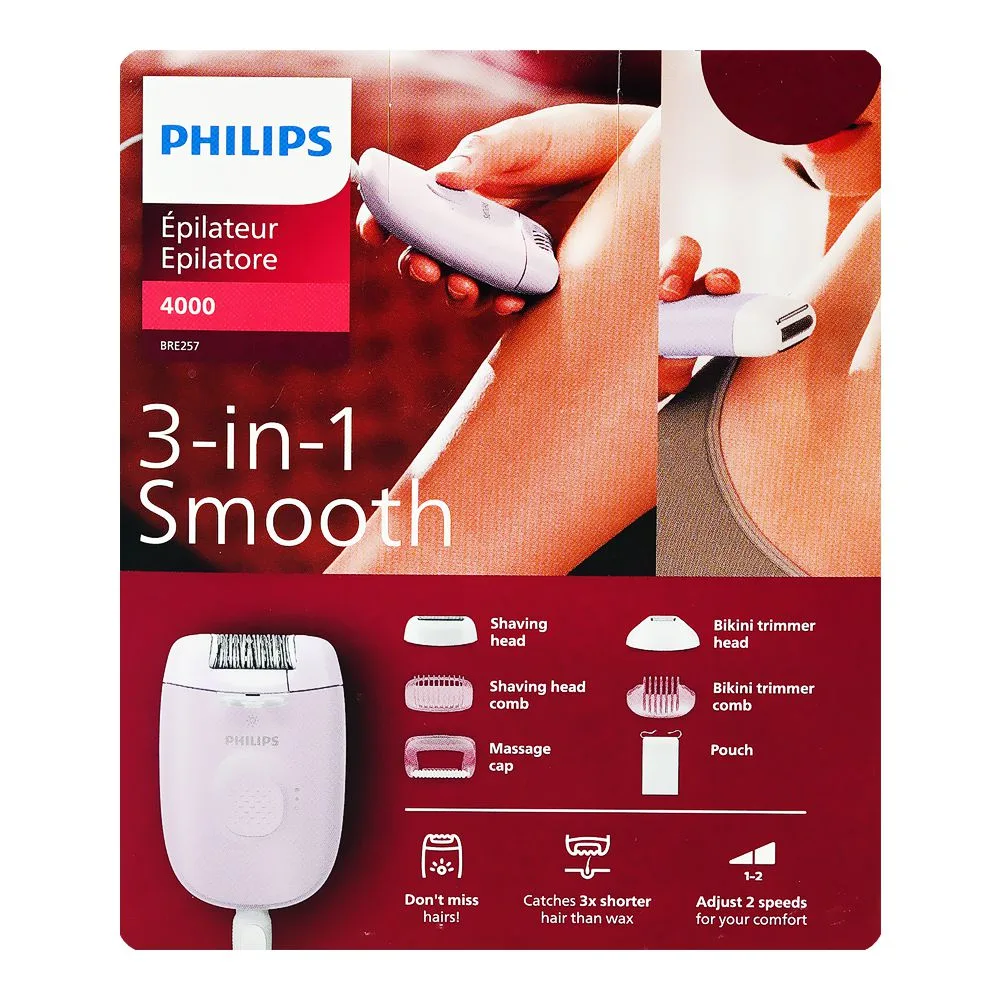 Close-up design of philips 4000 3-in-1 epilator, bre257/00 white/purple