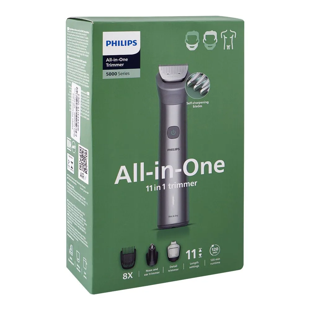 Side view of philips 5000 series 11-in-1 trimmer, 120 minutes runtime, mg5923/15