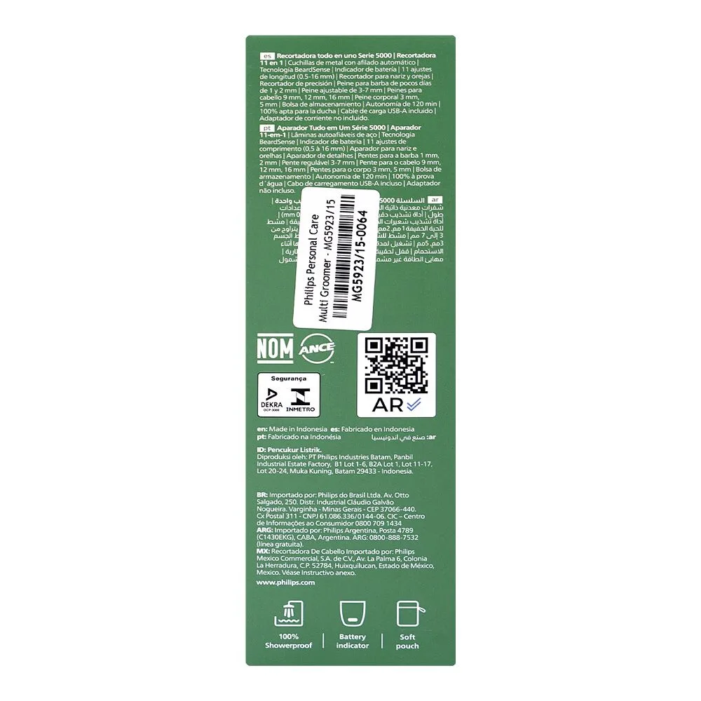 Close-up design of philips 5000 series 11-in-1 trimmer, 120 minutes runtime, mg5923/15