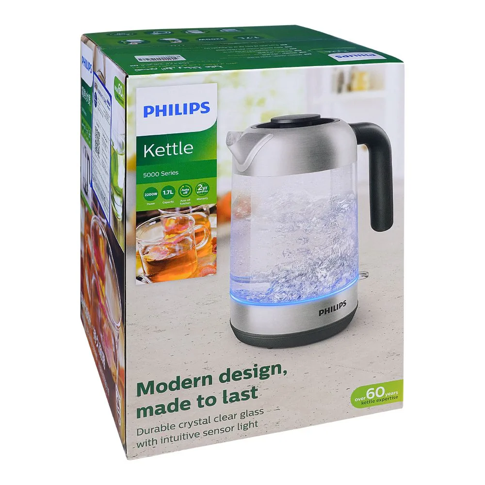 Close-up design of philips 5000 series kettle, 2200w, 1.7l capacity, hd-9339/81