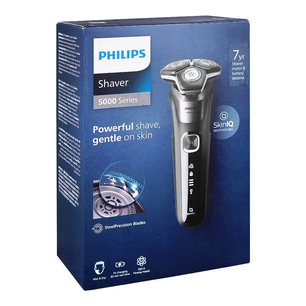 Side view of philips 5000 series wet and dry electric shaver with soft pouch, s5887/10