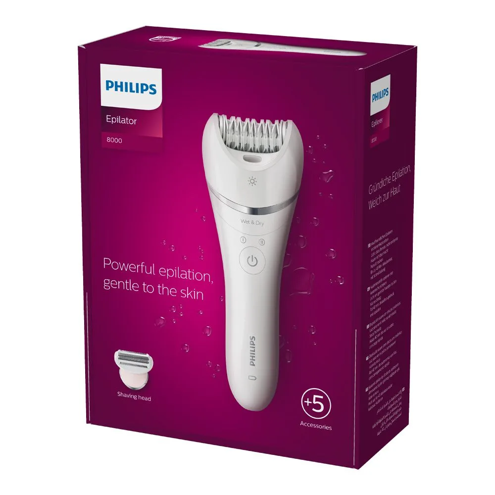Side view of philips 8000 series wet & dry epilator, +5 accessories, bre710/01