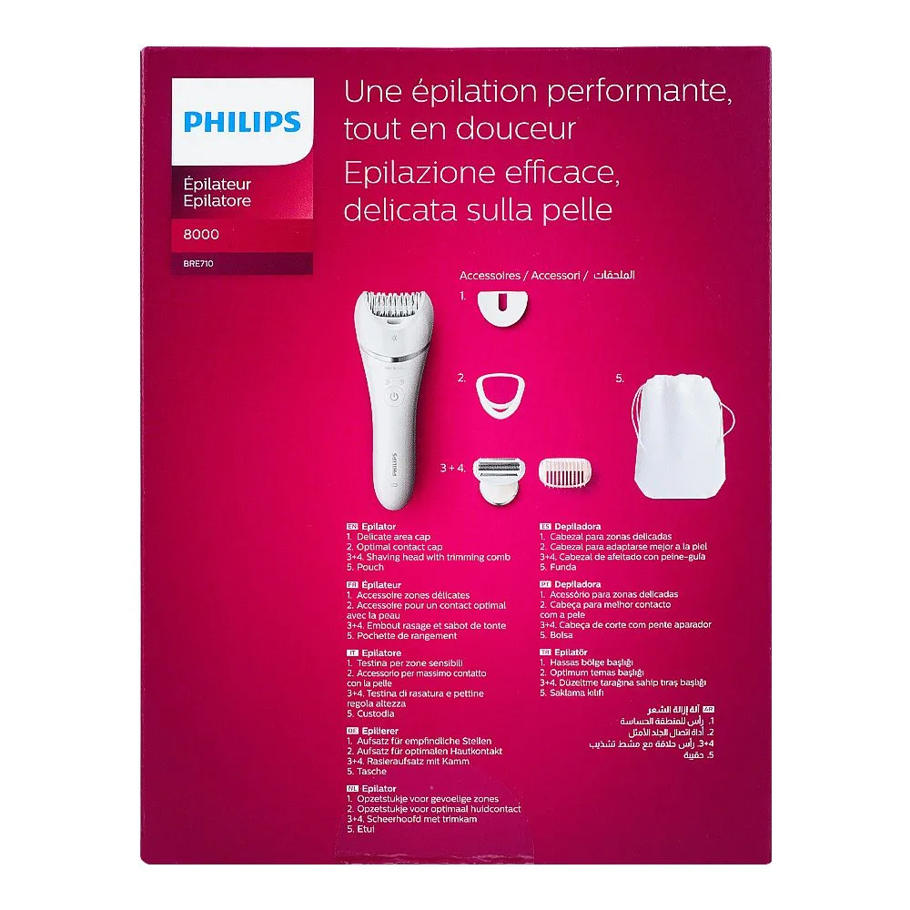 Close-up design of philips 8000 series wet & dry epilator, +5 accessories, bre710/01