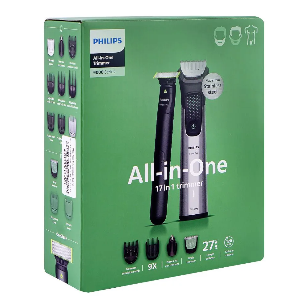 Side view of philips 9000 series 17-in1 trimmer, 120 minutes runtime, mg9535/15