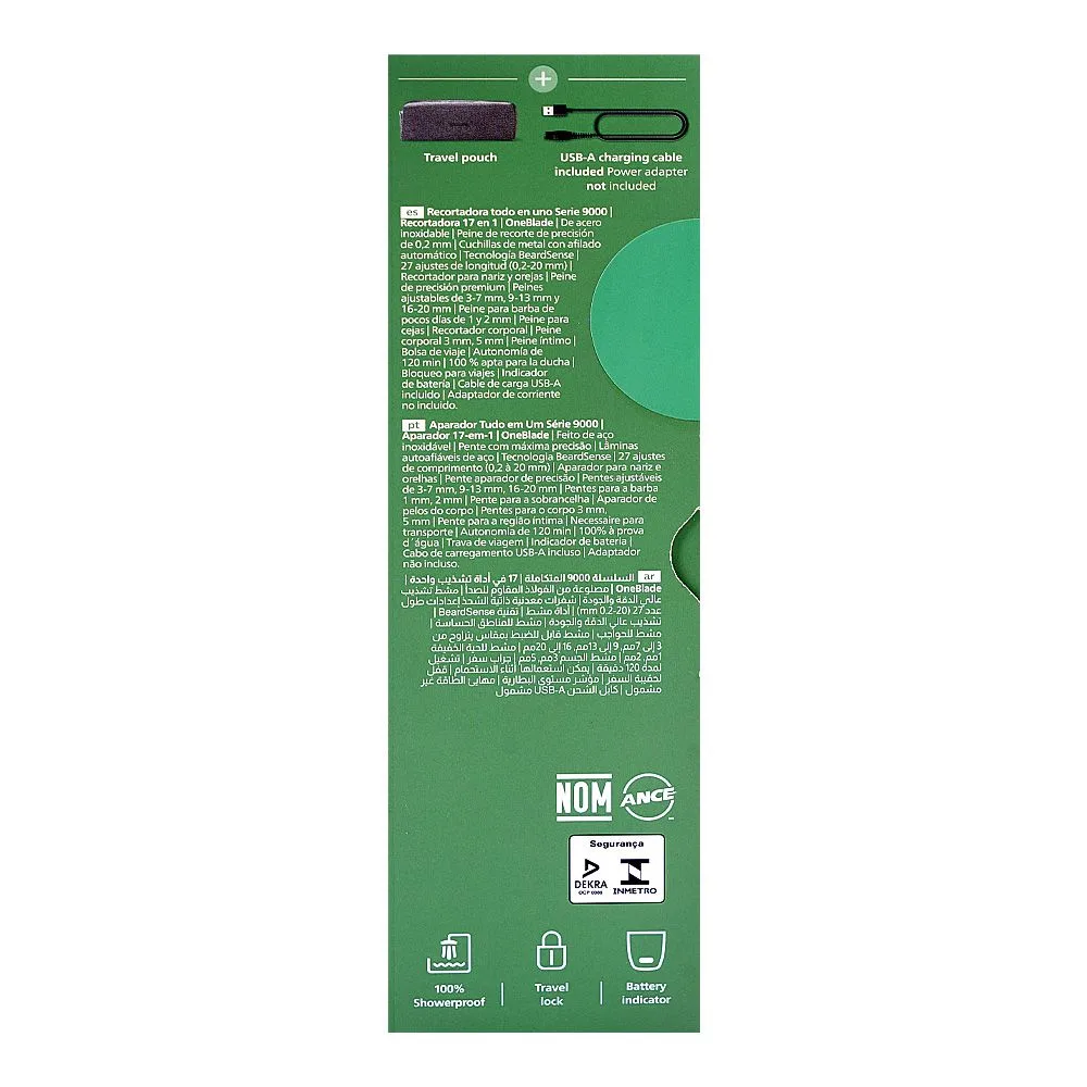 Close-up design of philips 9000 series 17-in1 trimmer, 120 minutes runtime, mg9535/15