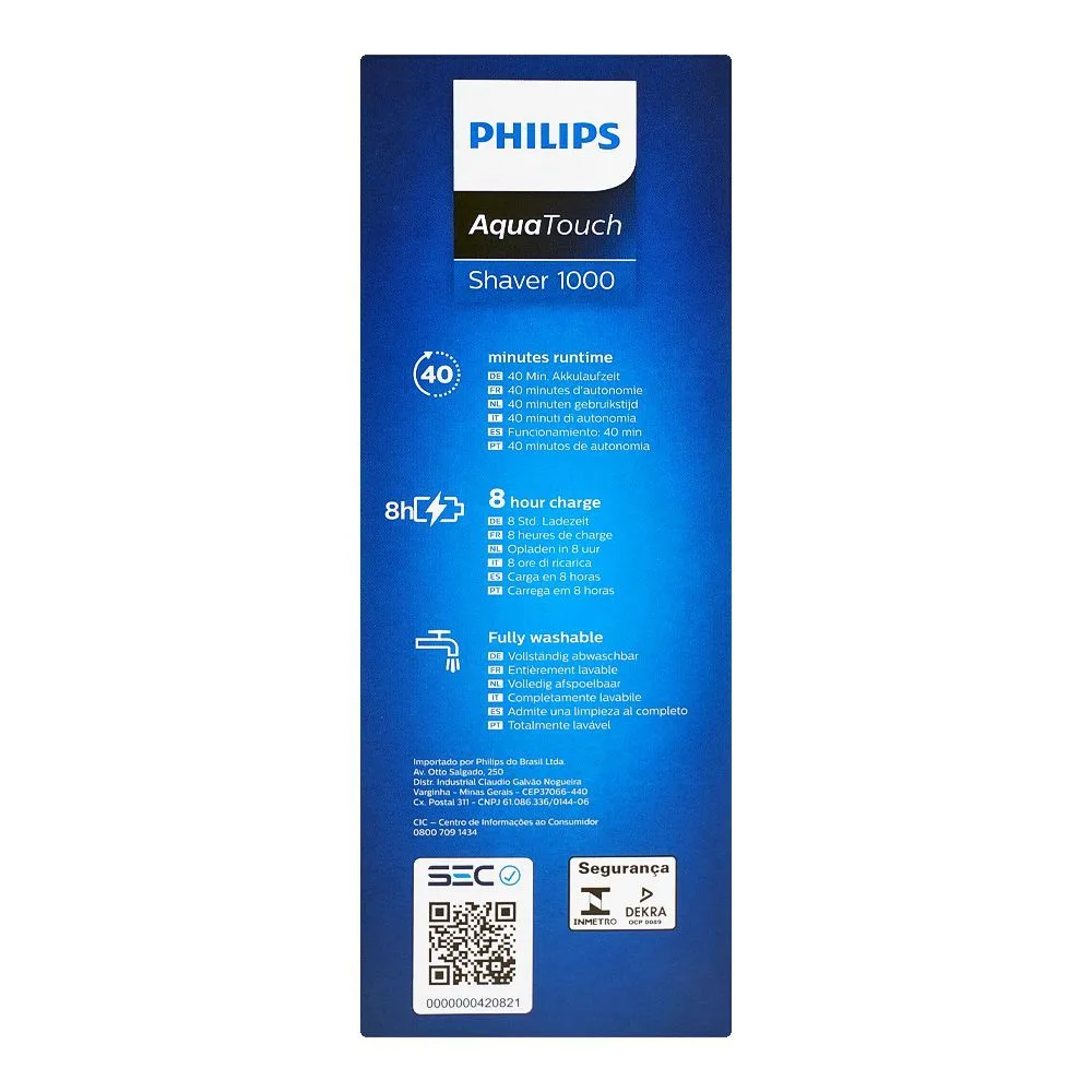 Close-up design of philips aqua touch 1000 one touch open cordless shaver, 40 minutes run time, washable, s1121/40