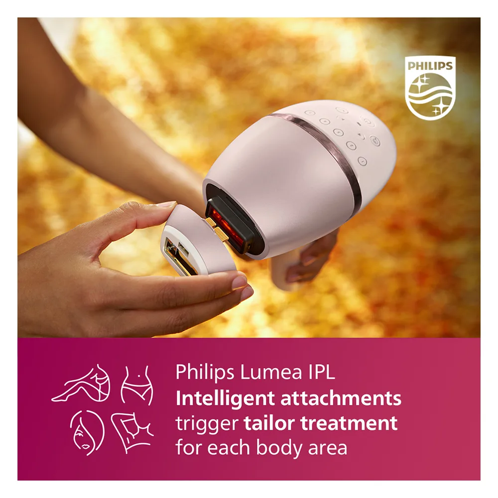 Side view of philips lumea ipl hair removal device, senseiq, 3 attachments, cordless, bri955/60