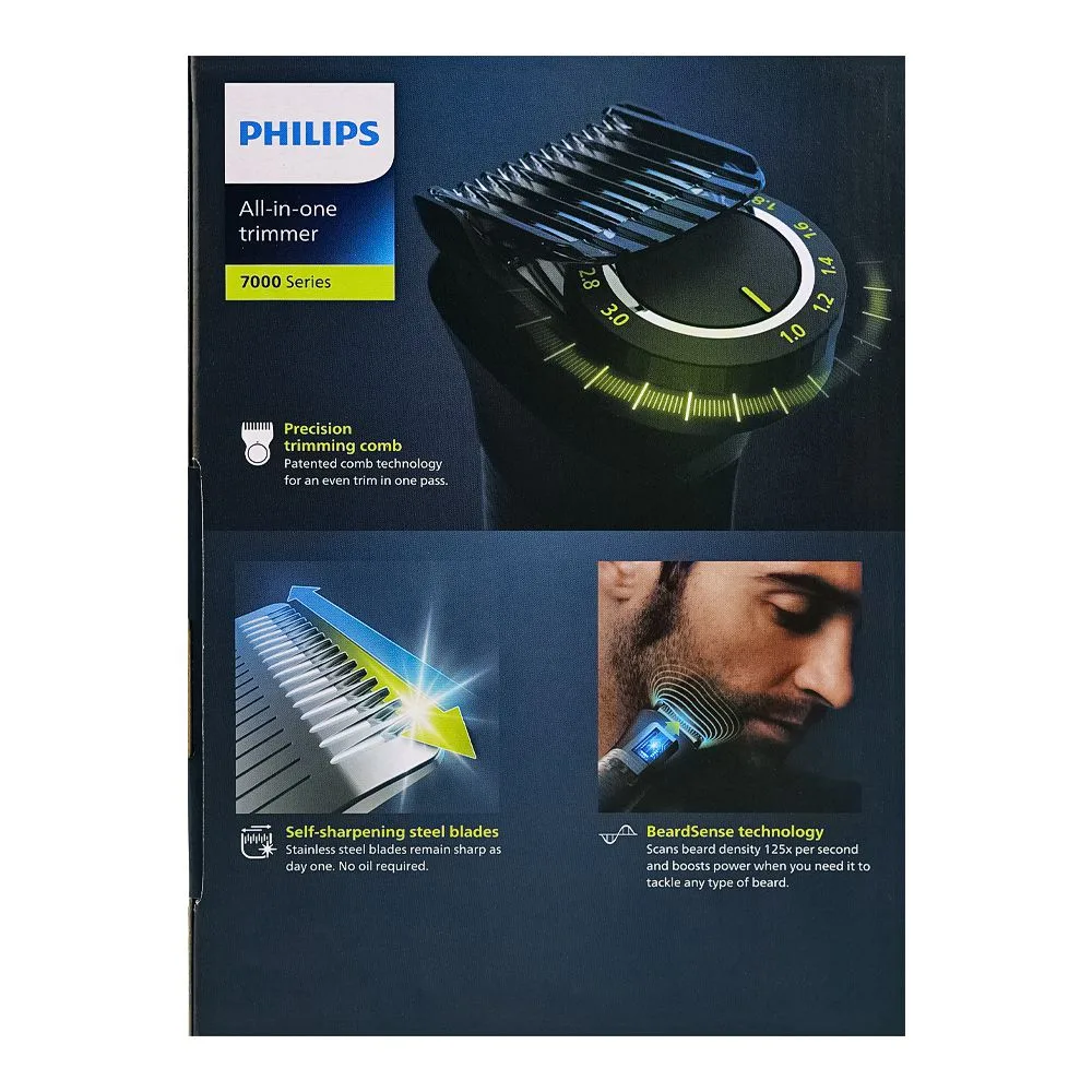 Close-up design of philips multigroom series 7000 all-in-one trimmer, 13-piece, mg7920/15