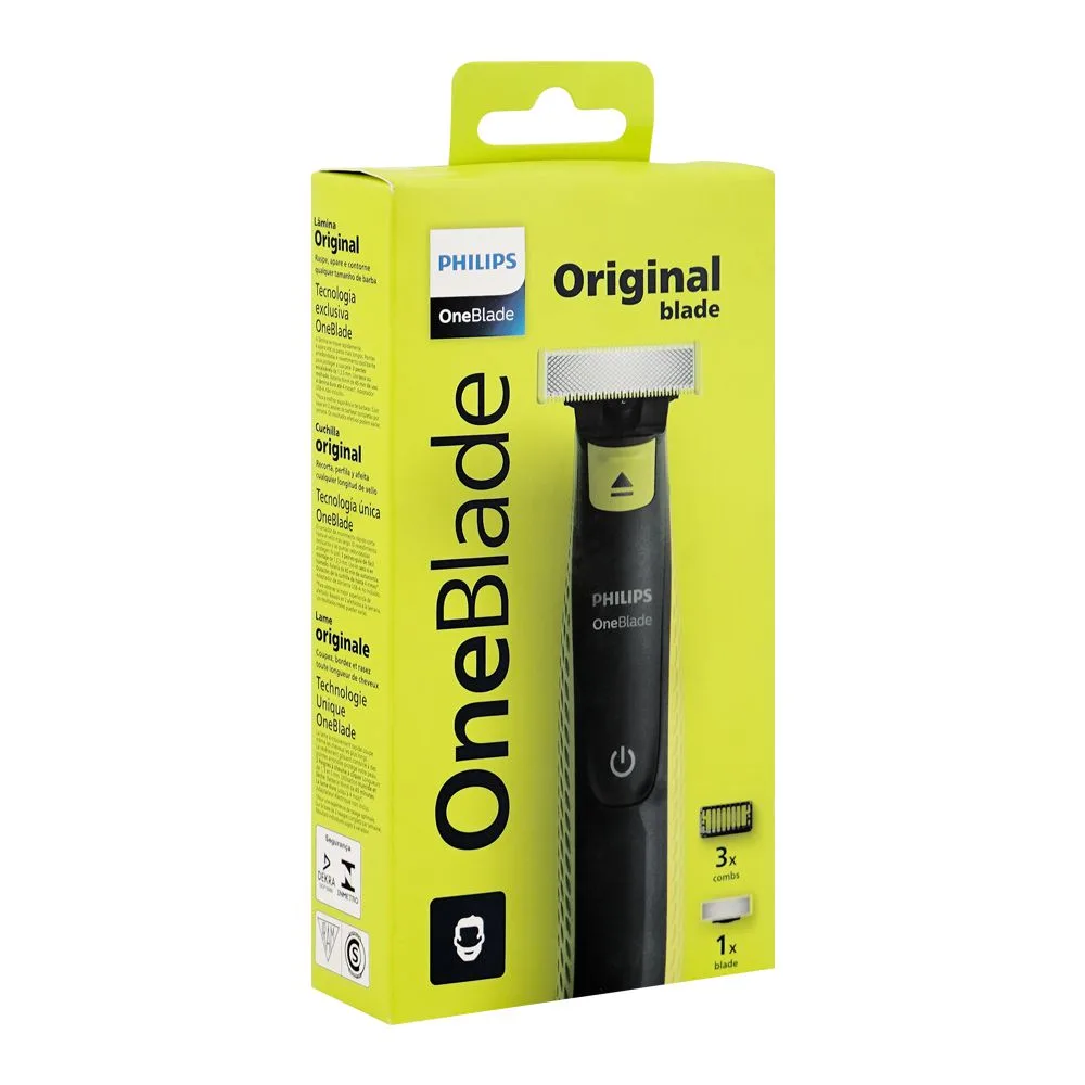 Side view of philips one blade hybrid original blade, 45 minutes nimh battery, qp2724/10