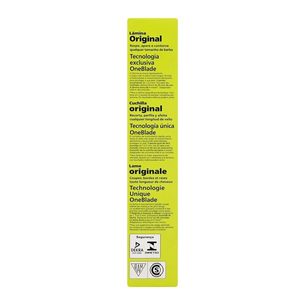 Close-up design of philips one blade hybrid original blade, 45 minutes nimh battery, qp2724/10