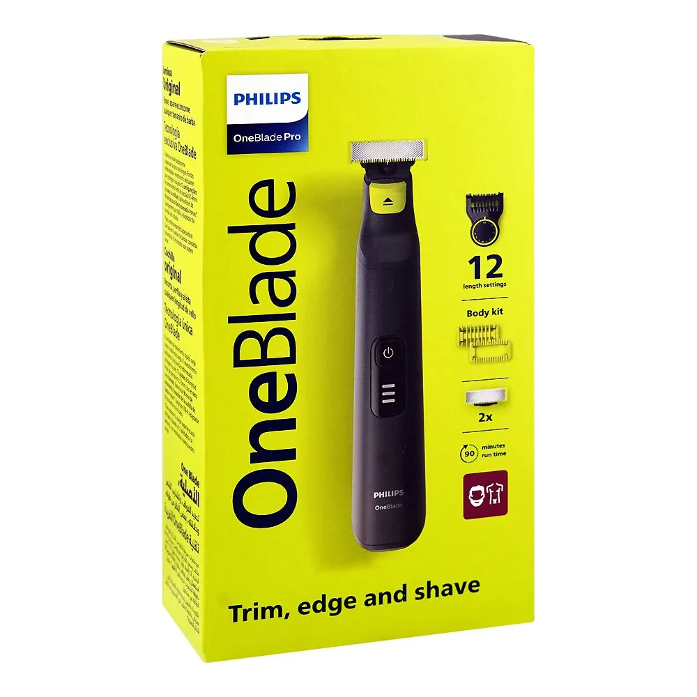 Side view of philips one blade pro face + body kit, waterproof, 5.4w, 100-240 v, 90 minutes run time, qp6542/10
