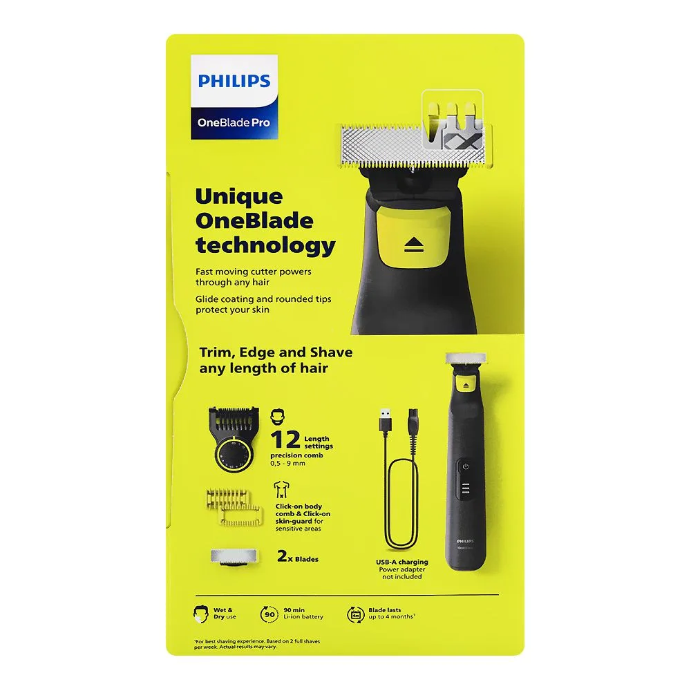Close-up design of philips one blade pro face + body kit, waterproof, 5.4w, 100-240 v, 90 minutes run time, qp6542/10