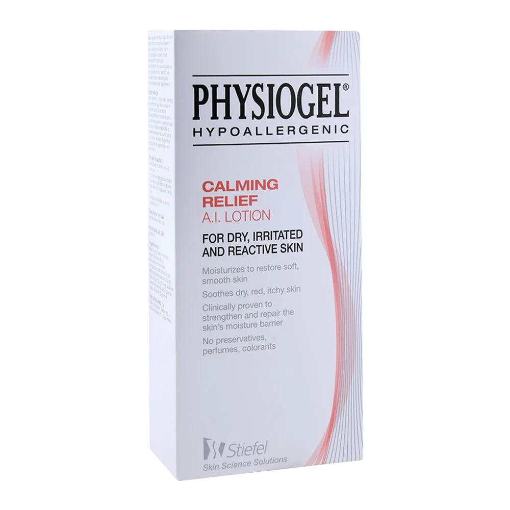 Side view of physiogel calming relief a.i. lotion, dry, irritated and reactive skin, 200ml