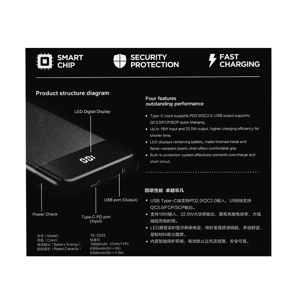Comfortable casual pisen power bank, 10000mah, 22.5 scp/fcp qc3.0, ts-d253