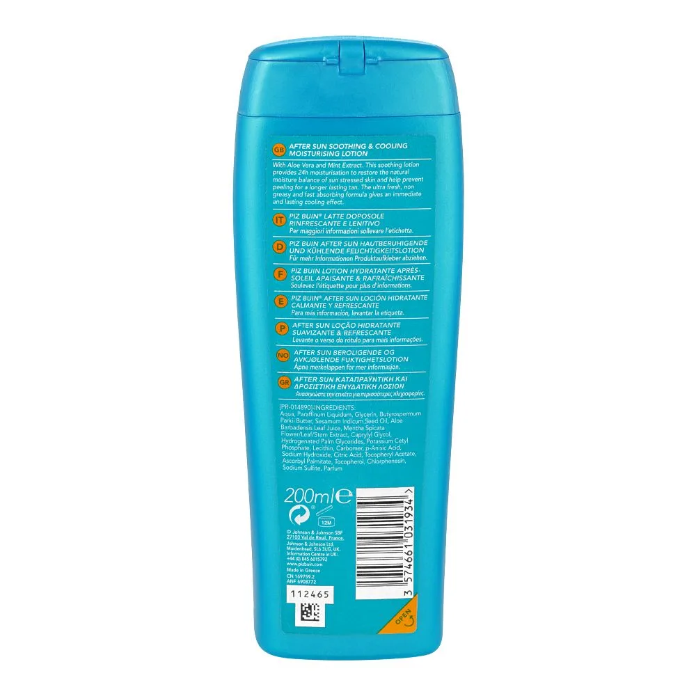 Side view of piz buin after sun soothing & cooling moisturizing lotion, 200ml