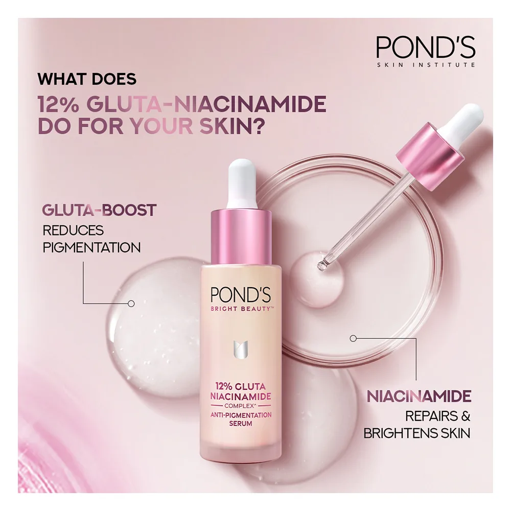 Side view of pond's bright beauty 12% gluta niacinamide anti pigmentation serum, 30ml