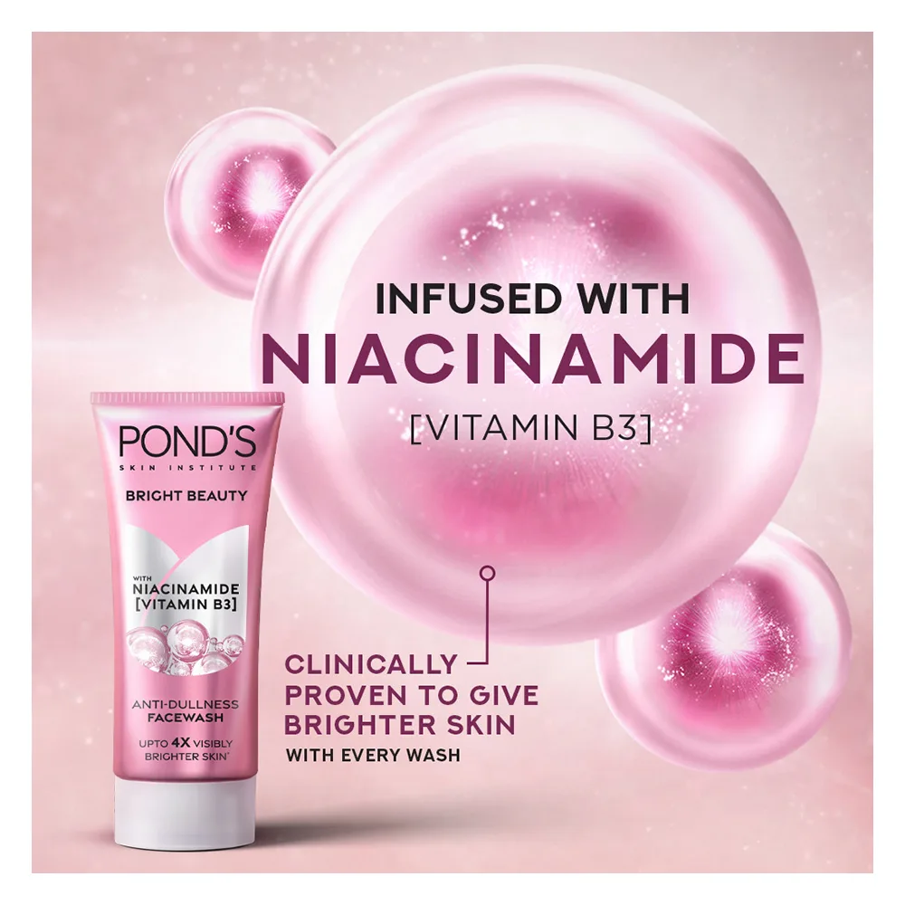Side view of pond's bright beauty anti-dullness face wash with niacinamide & vitamin b3, 100g