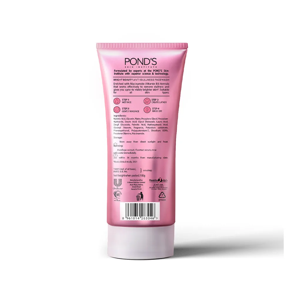 Premium everyday wear pond's bright beauty anti-dullness face wash with niacinamide & vitamin b3, 100g