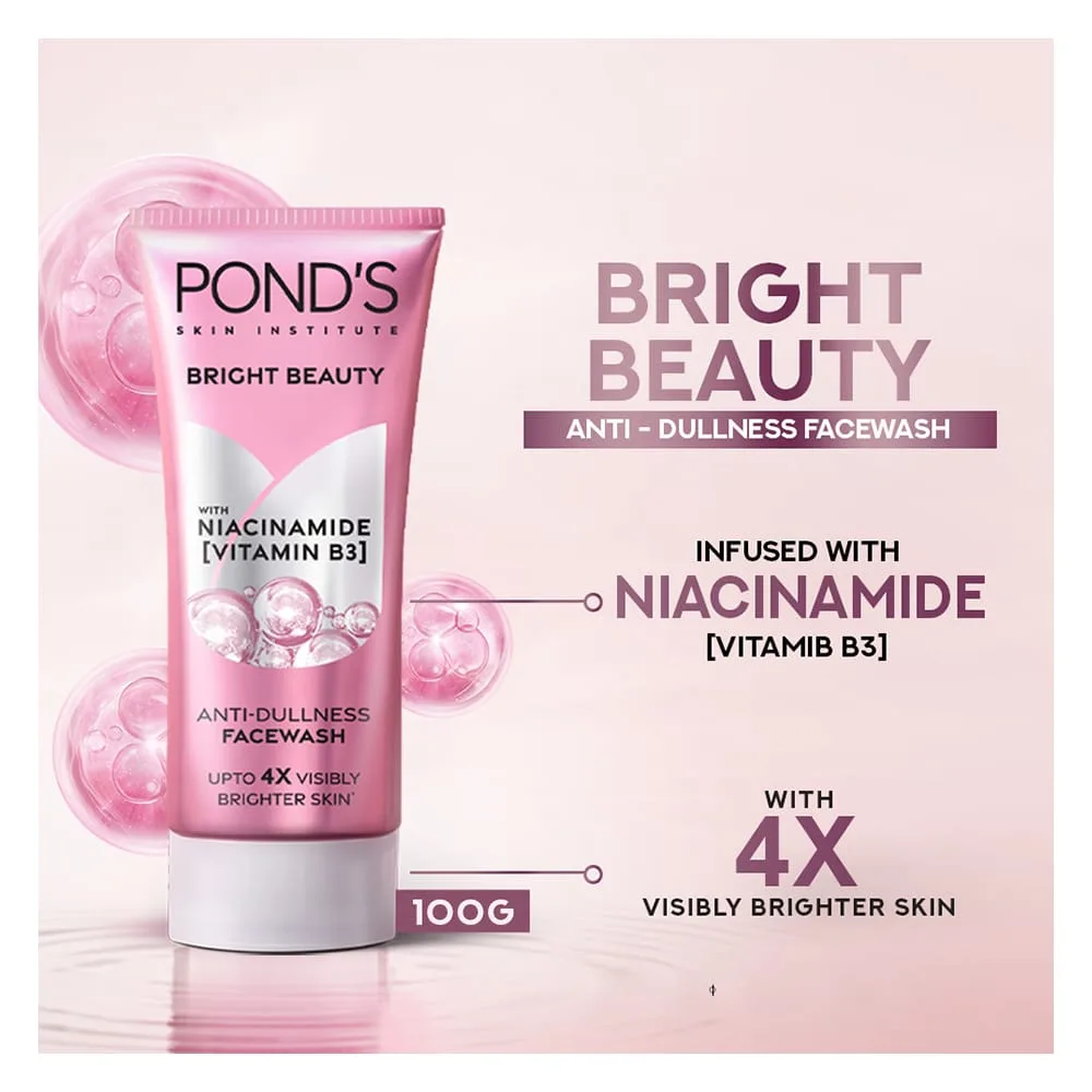 Front angle of pond's bright beauty anti-dullness face wash with niacinamide & vitamin b3, 100g