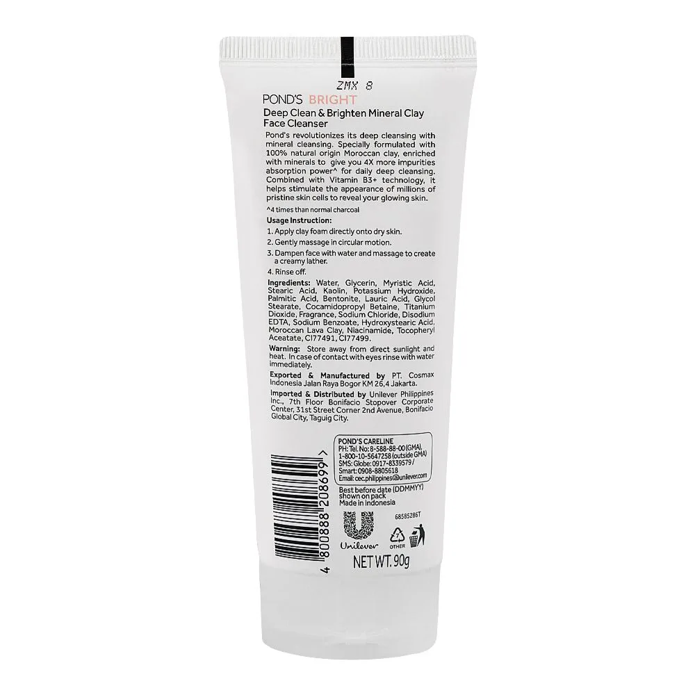 Side view of pond's bright mineral clay deep clean face cleanser, niacinamide, glycerin, for all types of skin, 90g