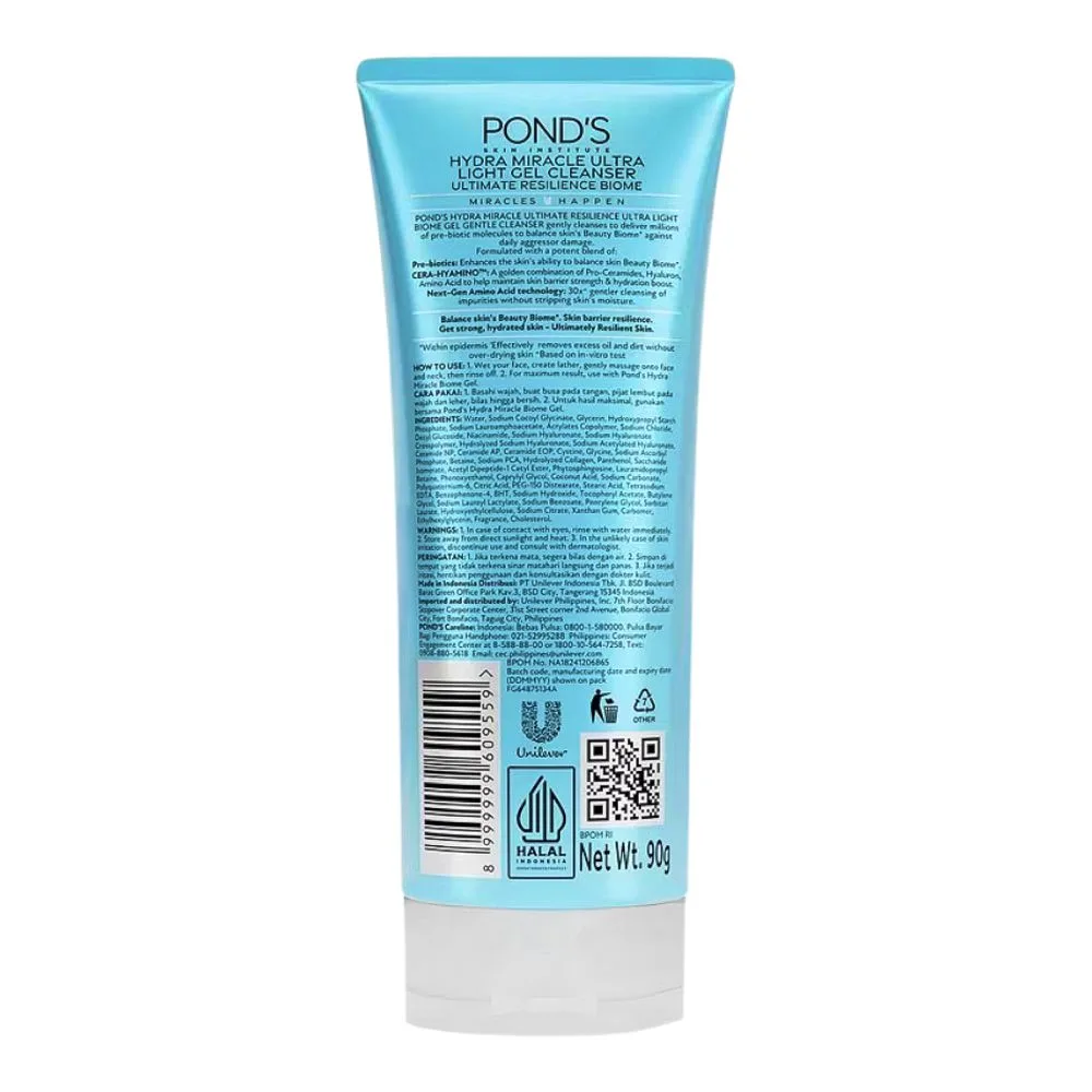 Side view of pond's bright miracle cera-hyamino ultra light biome gel gentle cleanser, for hydrated skin, 90g