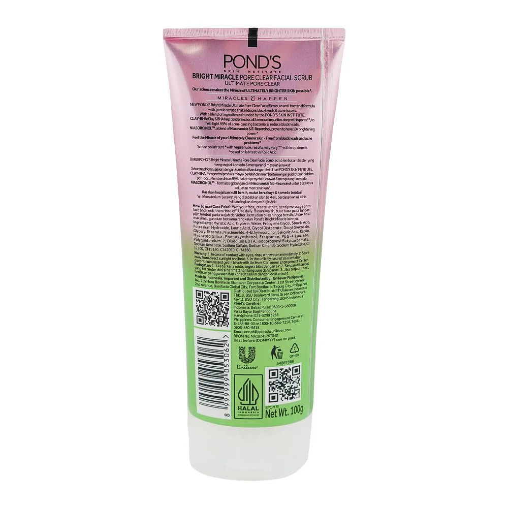 Side view of pond's bright miracle clay-bha niasorcinol facial scrub, for acne-prone skin, 100g