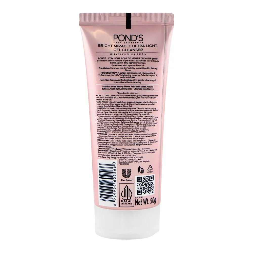Side view of pond's bright miracle niasorcinol ultra light biome gel gentle cleanser, 90gm