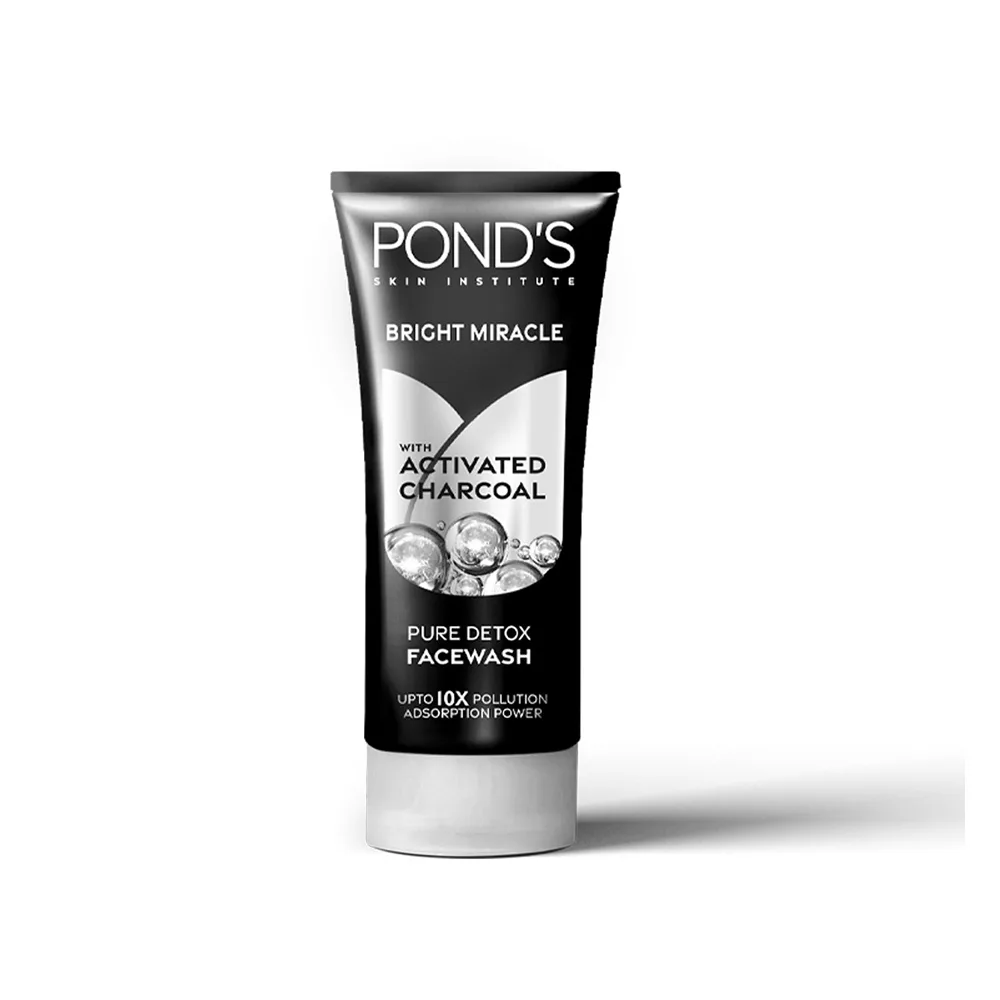 Close-up design of pond's bright miracle pure detox face wash with activated charcoal, 100g