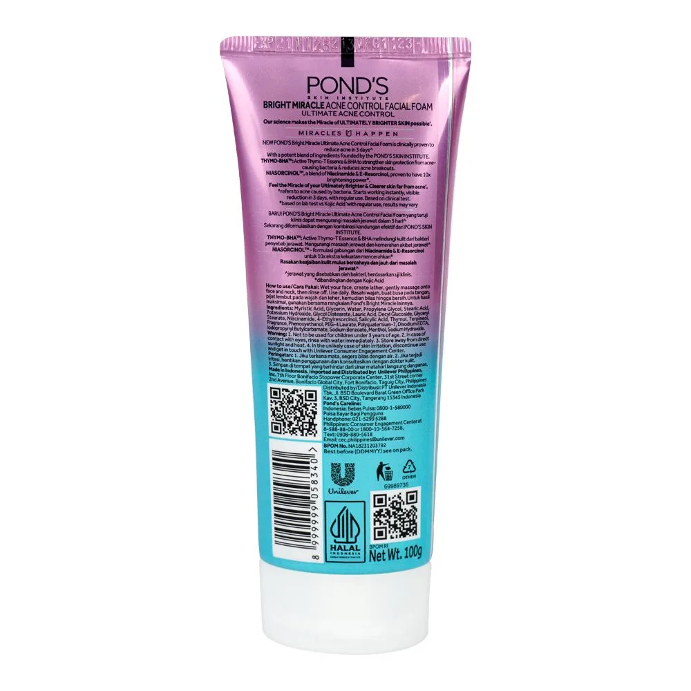 Side view of pond's bright miracle ultimate acne control facial foam with thymo-bha, 100g