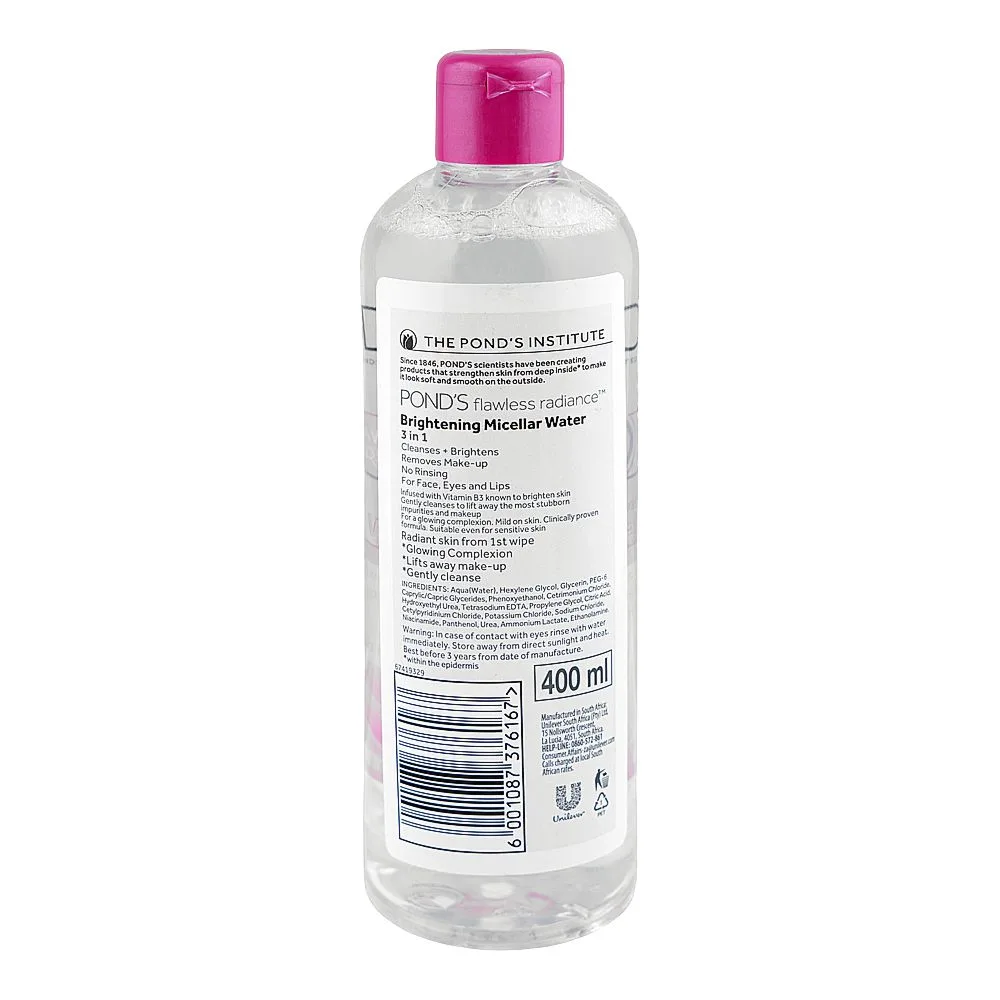 Side view of pond's flawless radiance brightening micellar water, for sensitive skin, 400ml
