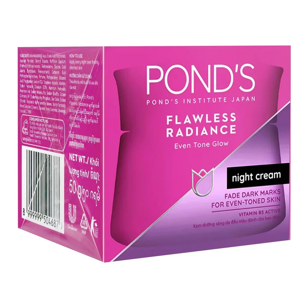 Side view of pond's flawless radiance even tone glow night cream, 50g