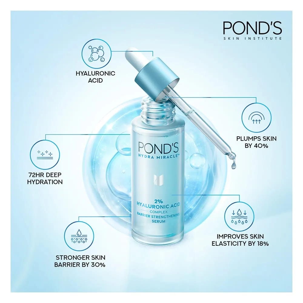 Premium everyday wear pond's hydra miracle 2% hyaluronic acid complex barrier strengthening serum, 30ml