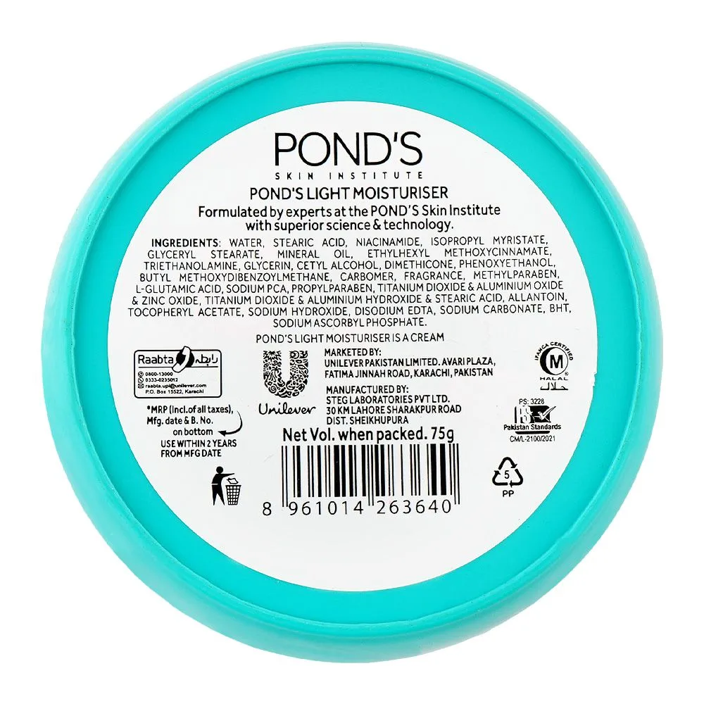 Side view of pond's hydra miracle ceramide pro light moisturiser cream, niacinamide, stearic acid, for all types of skin, 75g