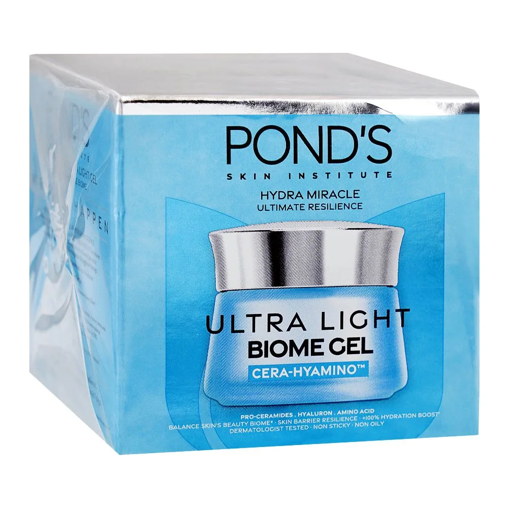 Side view of pond's hydra miracle ultra-light biome gel cera-hyamino cream, niacinamide, amino acid, for skin hydration, 50g