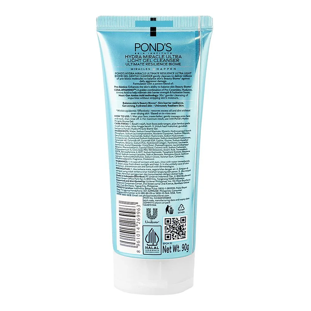 Side view of pond's hydra miracle ultra light biome gel cera-hyamino gentle cleanser, niacinamide, citric acid, 90g