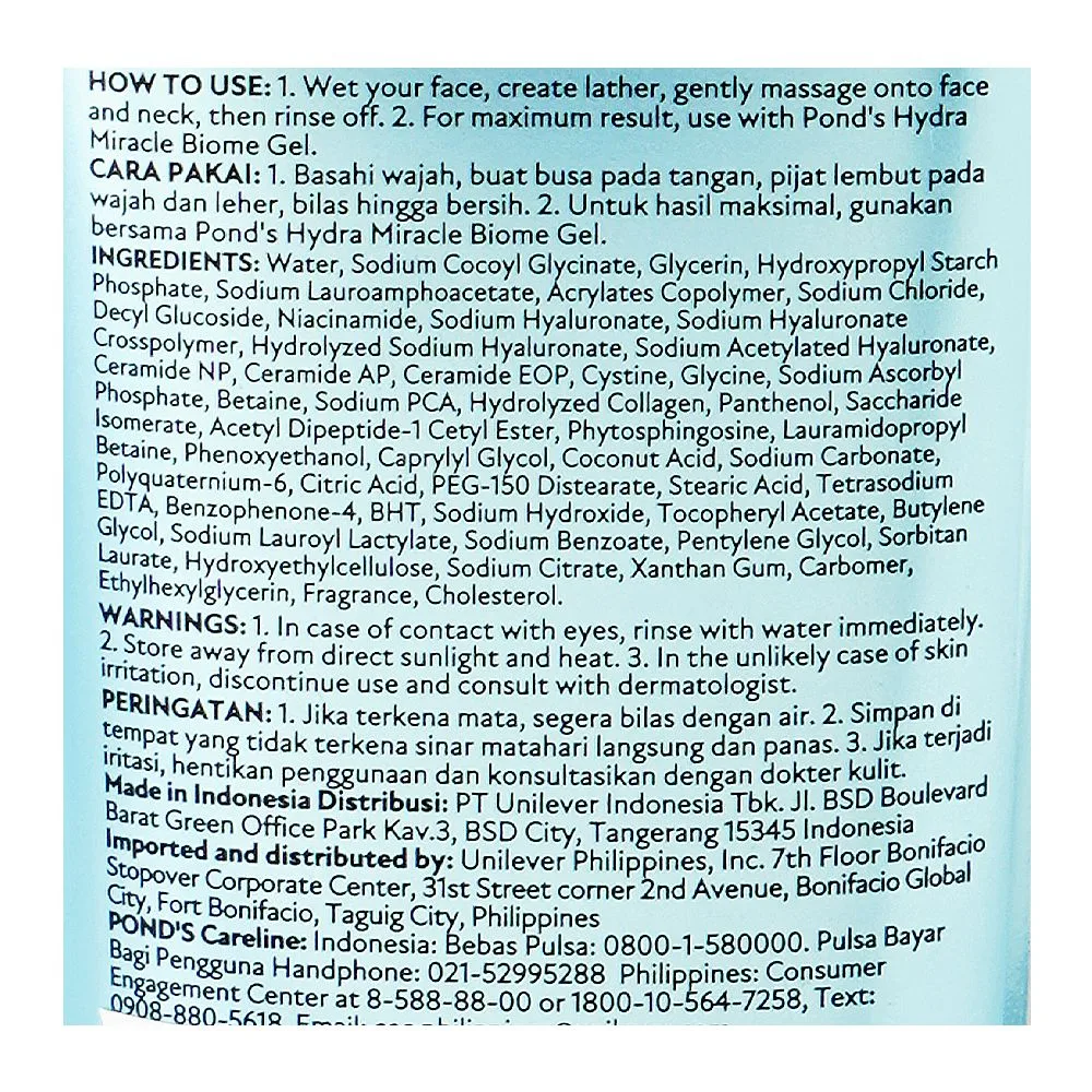 Comfortable casual pond's hydra miracle ultra light biome gel cera-hyamino gentle cleanser, niacinamide, citric acid, 90g