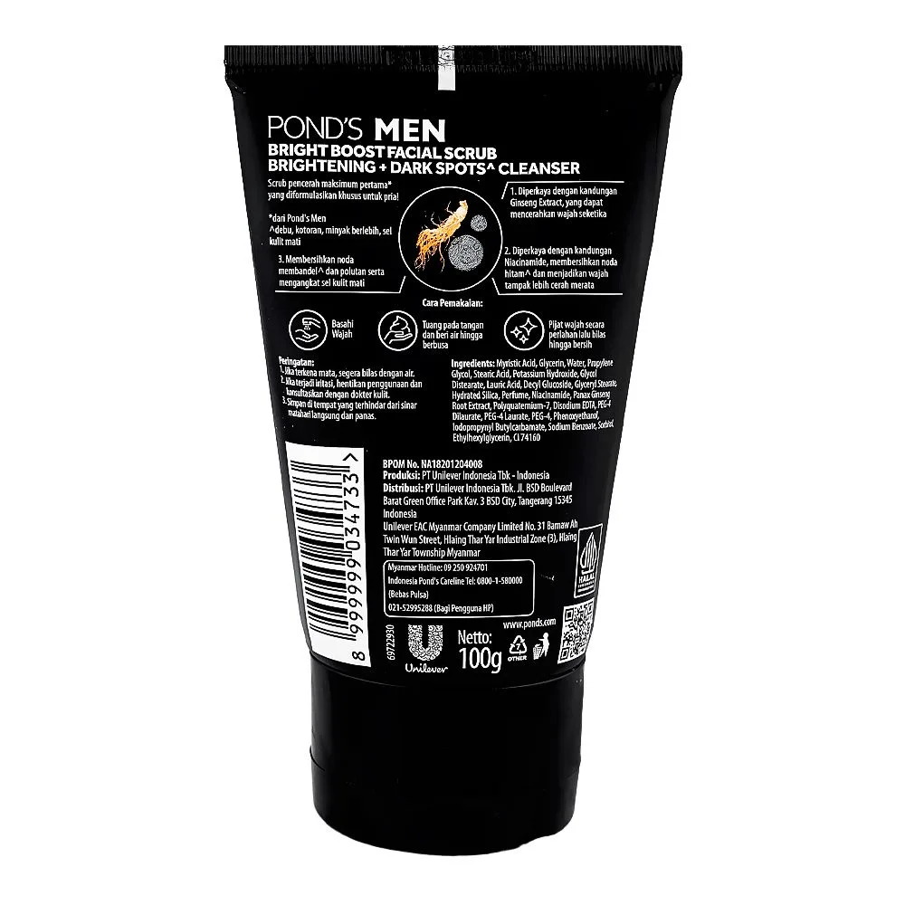 Side view of pond's men bright boost facial scrub, for dark spots, 100ml