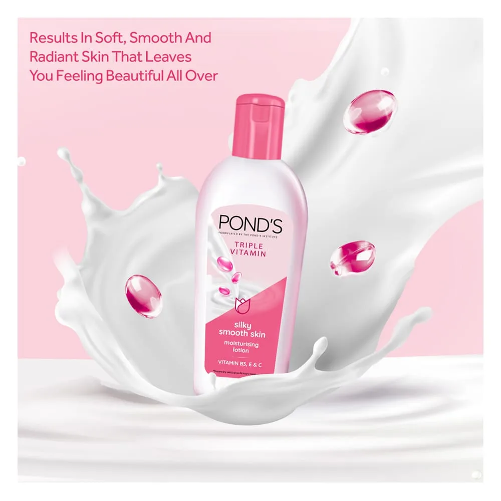 Side view of pond's triple vitamin moisturizing lotion, silky smooth skin 200ml