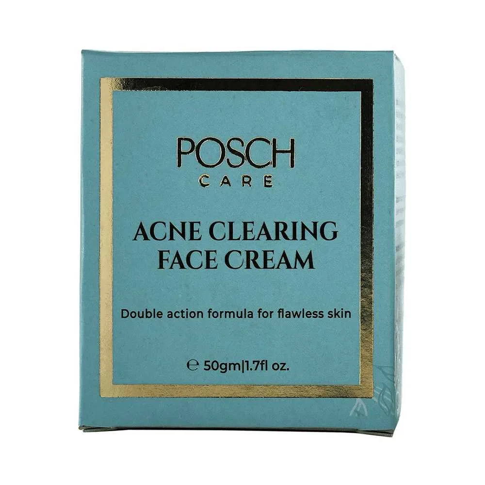 Side view of posch care acne clearing face cream, double action formula for flawless skin, 50ml