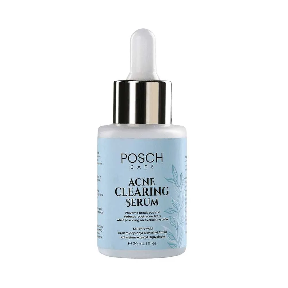 Side view of posch care acne clearing serum, 30ml
