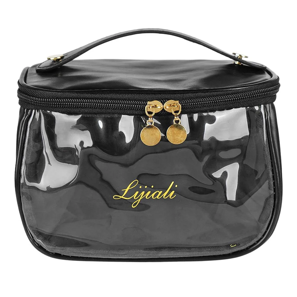 Side view of pu leather transparent makeup bag, travel cosmetic organizer, black, af-63
