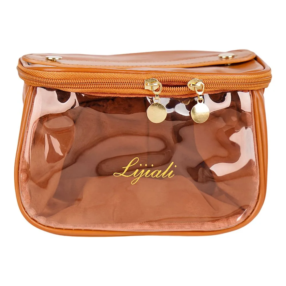 Side view of pu leather transparent makeup bag, travel cosmetic organizer, brown, af-63