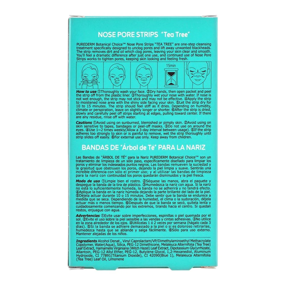 Side view of purederm tea tree nose pore strips, 6 strips