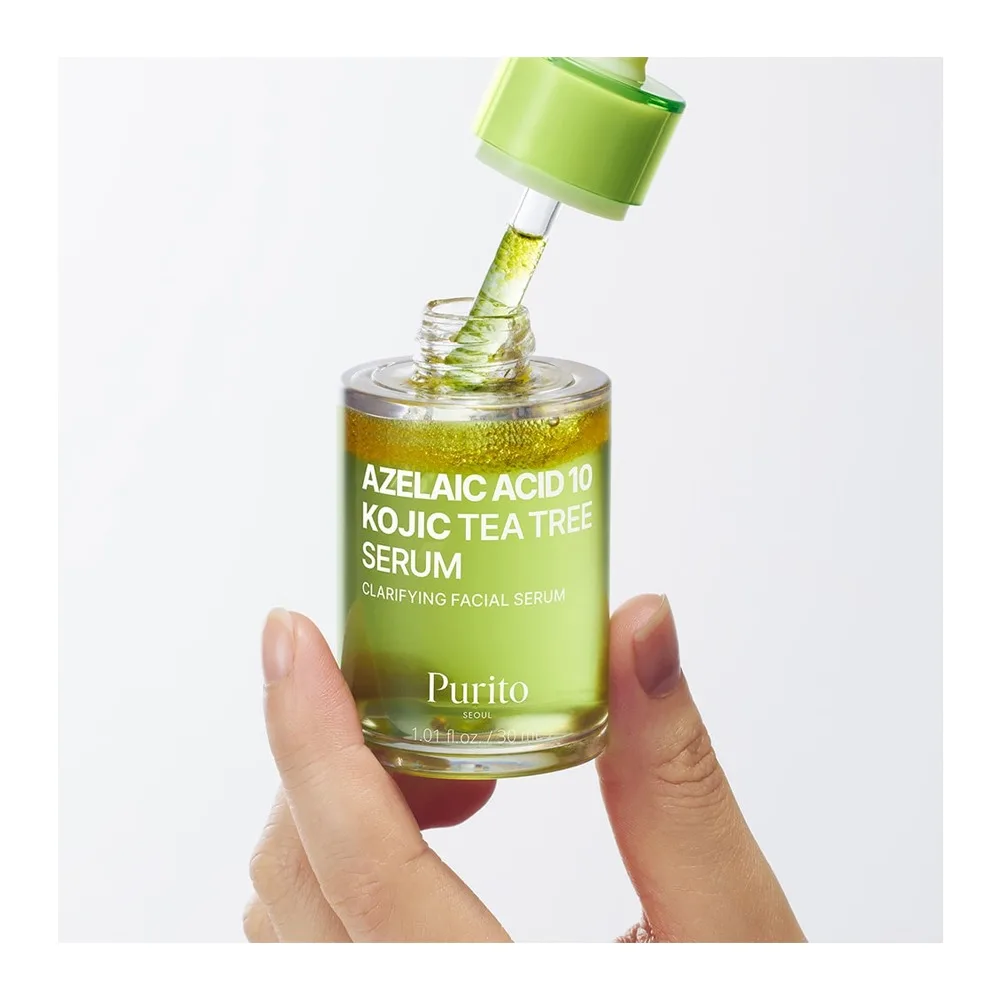 Side view of purito azelaic acid 10 kojic tea tree serum, hyperpigmentation & anti-aging care, kojic acid, azelaic acid, tea tree, 30ml
