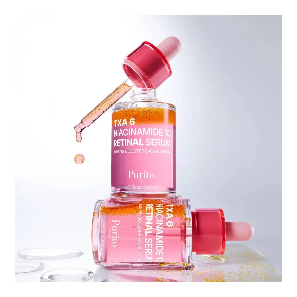 Side view of purito txa 6 niacinamide 10 retinal serum, hyperpigmentation & anti-aging care, tranexamic acid, niacinamide, retinal, 30ml