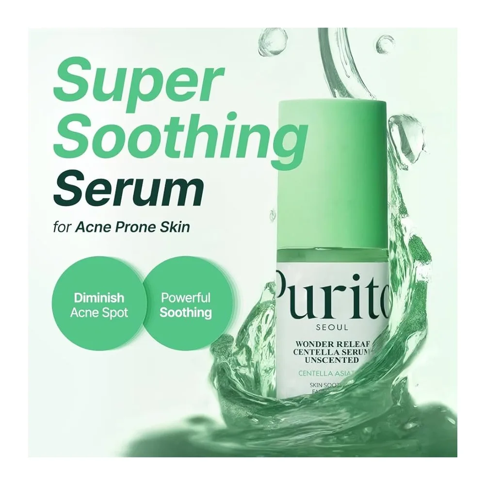 Side view of purito wonder releaf centella unscented serum, soothing & barrier repair, centella, 60ml